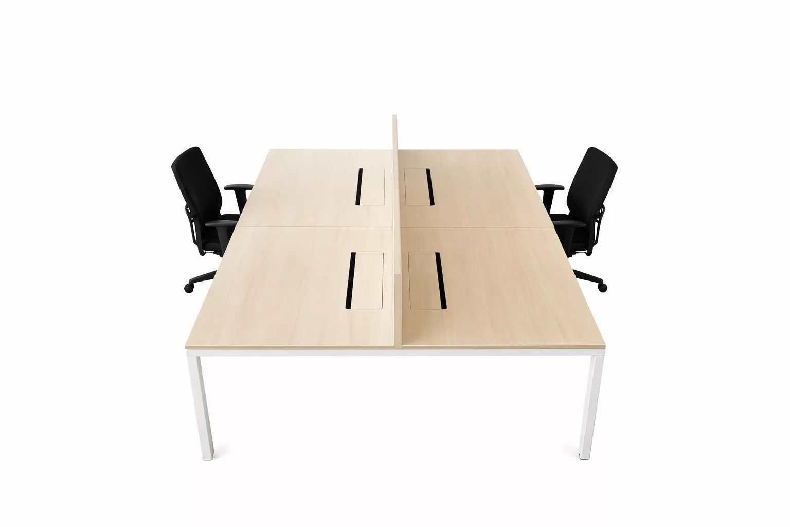 Bureau bench professionnel 4 places 320 × 160 cm – érable – avec séparateur et trappes passe-câbles